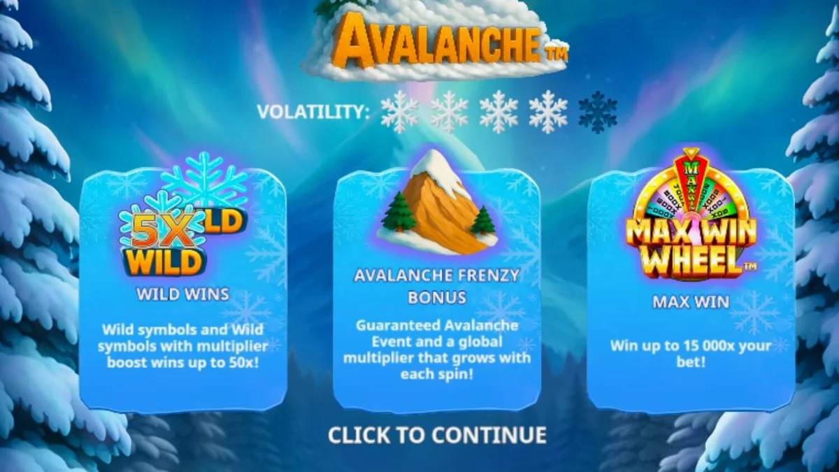 Pemandangan pegunungan bersalju dalam slot Avalanche dengan simbol yeti dan elemen es.