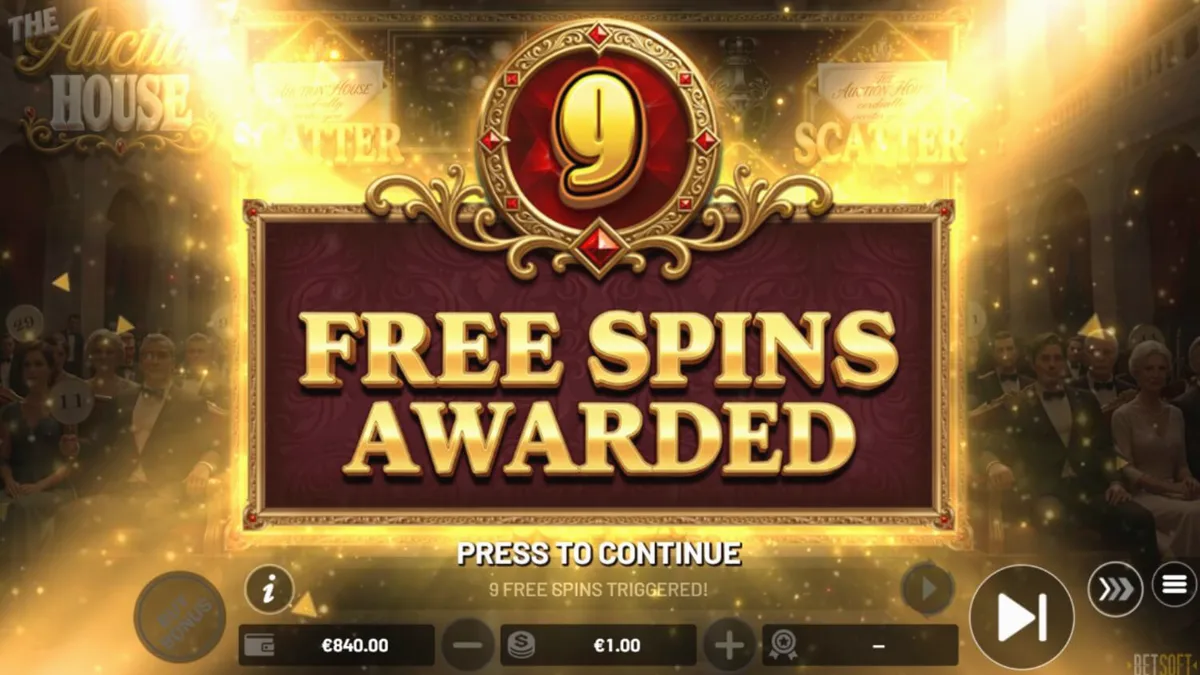 Tampilan visual mewah slot The Auction House dengan simbol perhiasan dan barang antik